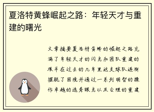 夏洛特黄蜂崛起之路：年轻天才与重建的曙光